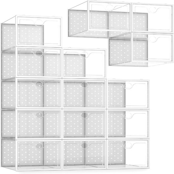 15 Pack X-Large Shoe Storage Boxes FitSize 11 Shoe Organizer for Closet Clear